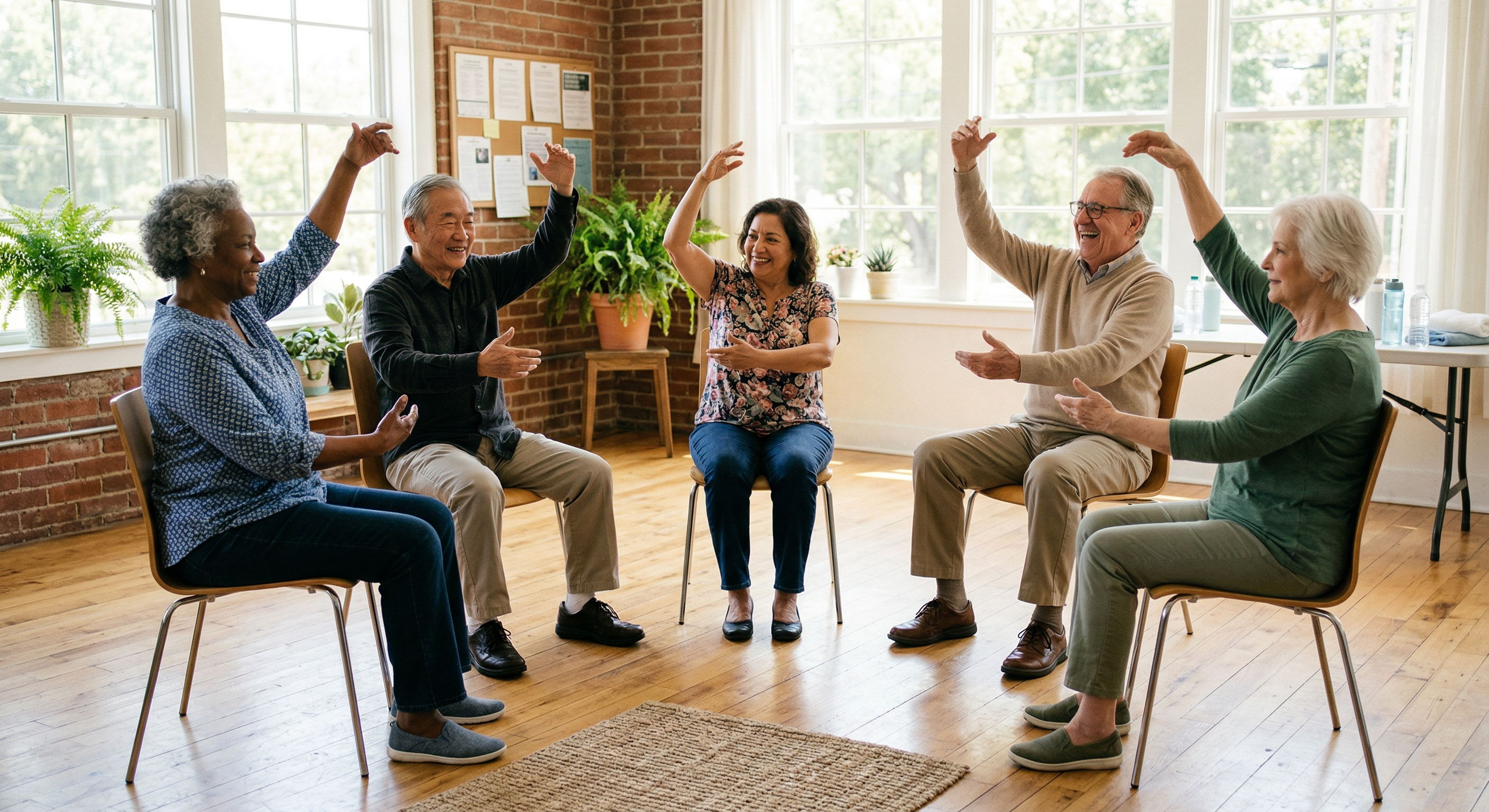 Group of seniors doing chair tai chi course together