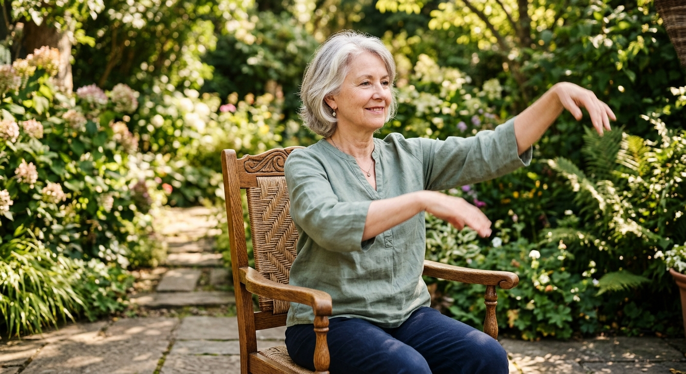 Senior doing cloud hands seated tai chi