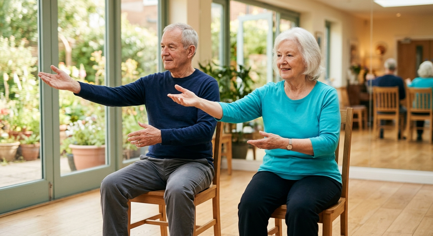 Seniors practicing coordinated chair tai chi