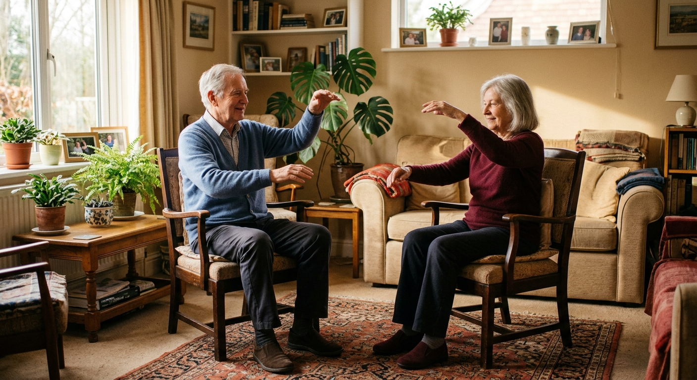 Elderly couple practicing chair tai chi at home