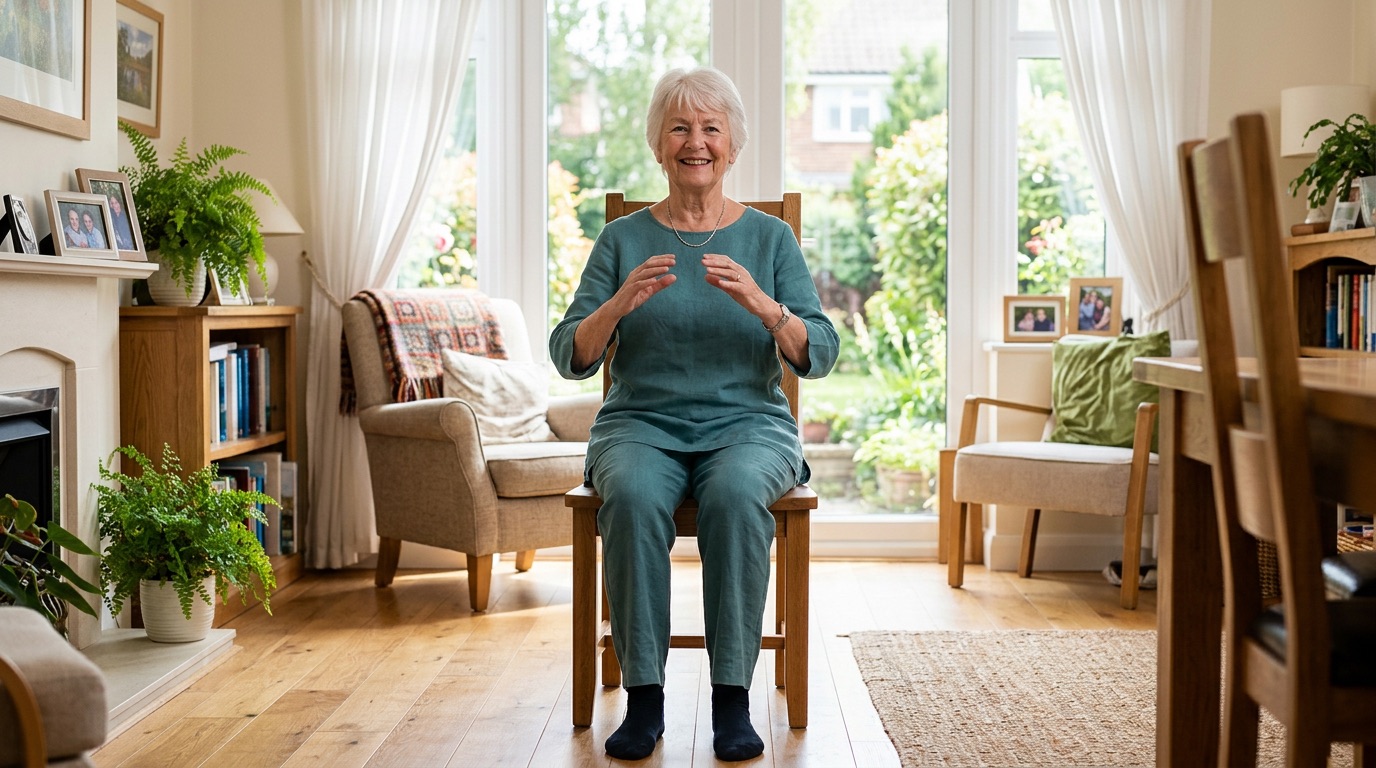 A senior woman seated tall on a wooden chair with palms raised at chest height in a tai chi pose