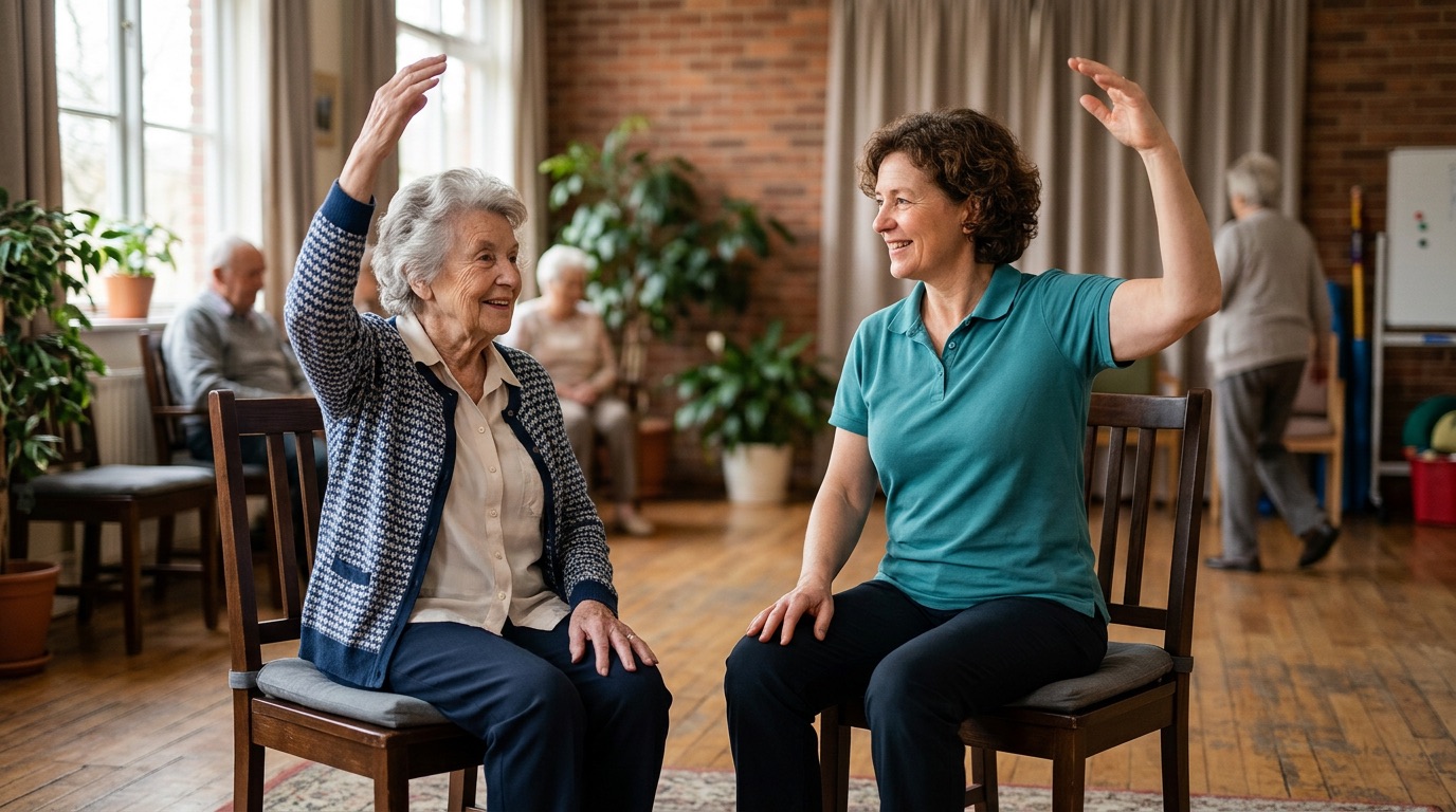 A friendly instructor demonstrating a seated tai chi arm raise with a beginner seated on a chair