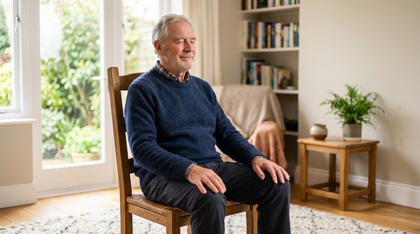 A senior man seated upright with eyes closed and hands resting on his thighs, breathing calmly