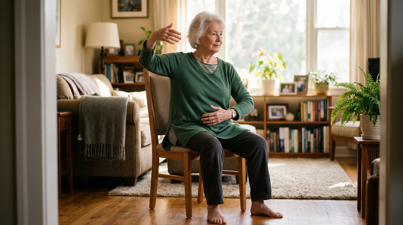 A senior woman seated on a chair performing Cloud Hands with one hand at chest height and one near her belly