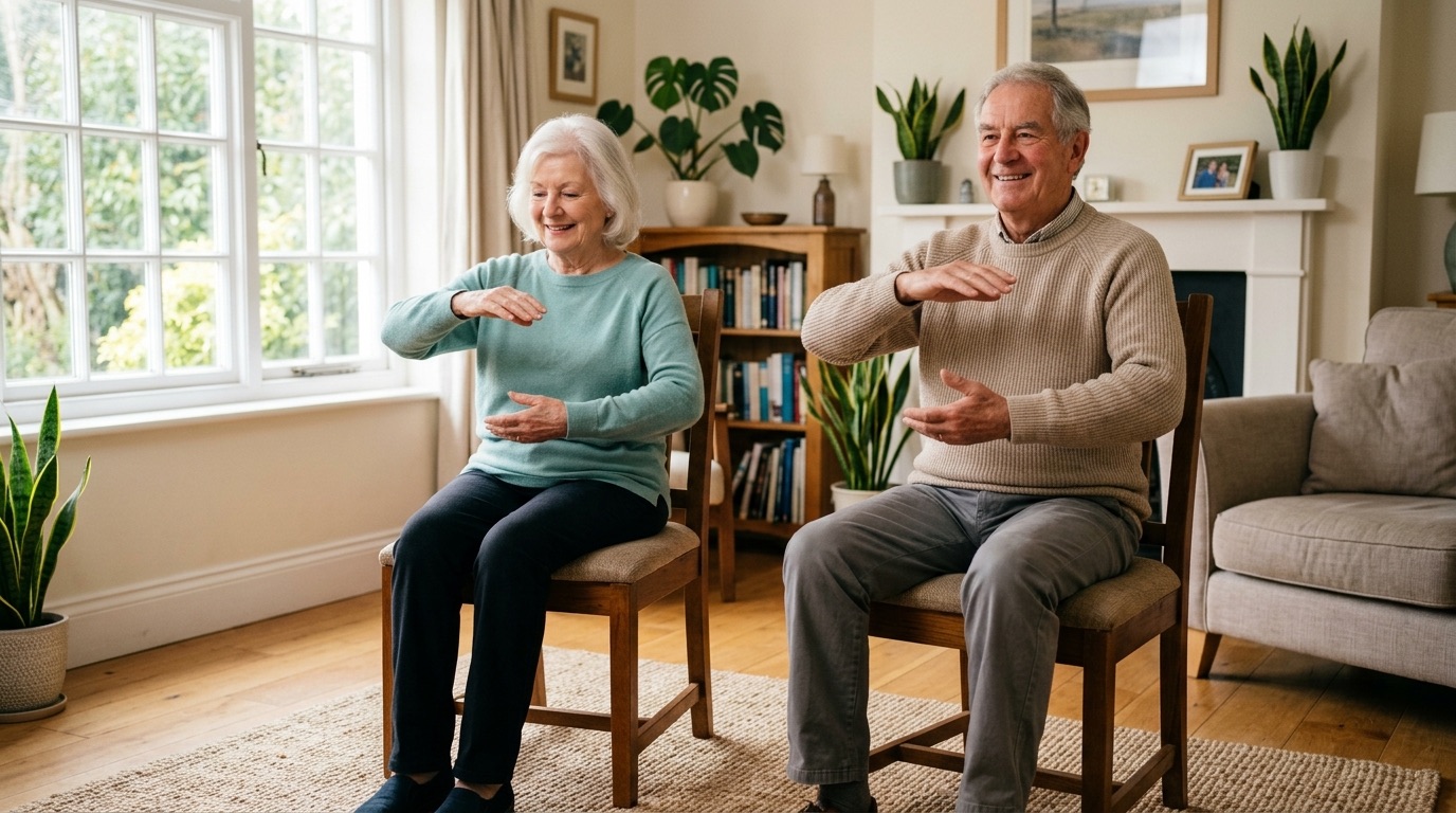 A senior couple seated side by side on chairs practicing slow chair tai chi in a sunny living room