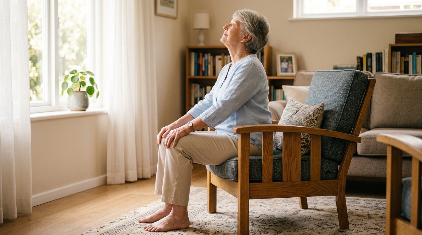 A senior woman doing a gentle seated cat-cow spine stretch with hands on her knees