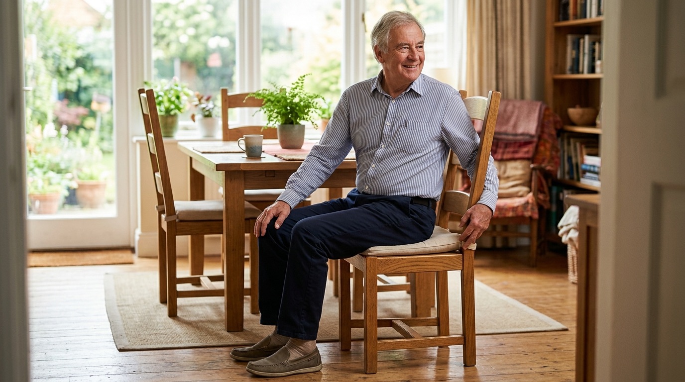 A senior man seated tall on a dining chair turning gently with one hand on the opposite knee