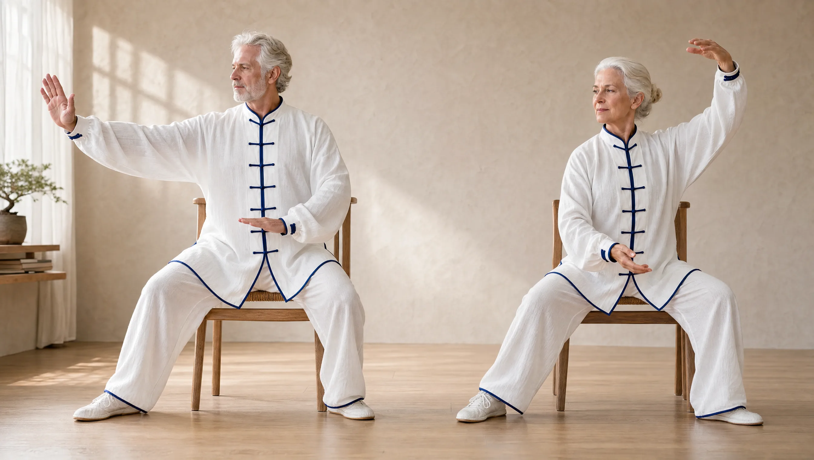 Two Western senior adults seated on chairs practicing chair tai chi in cotton-linen uniforms