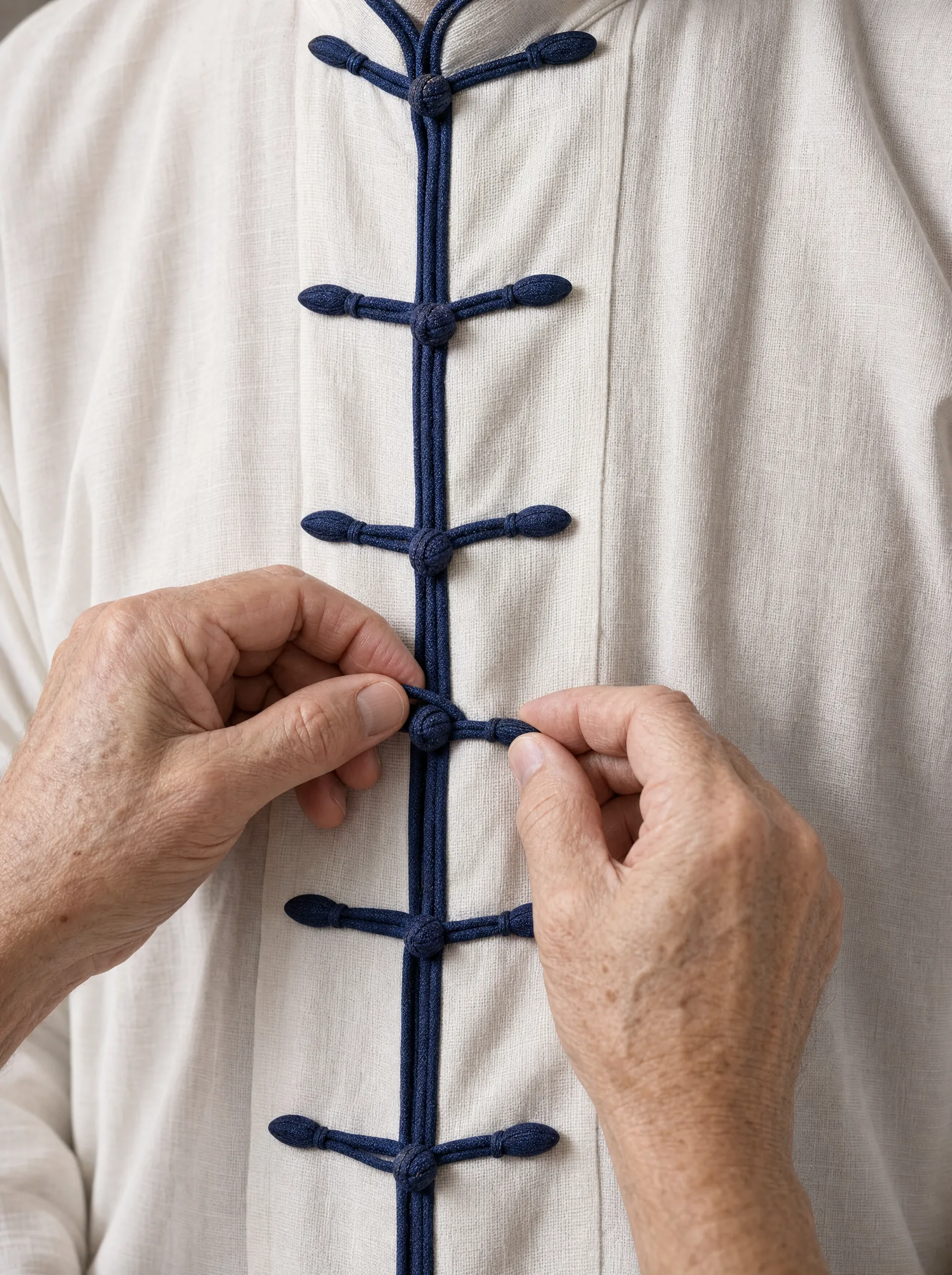 Close-up of cotton-linen fabric and traditional tai chi frog buttons