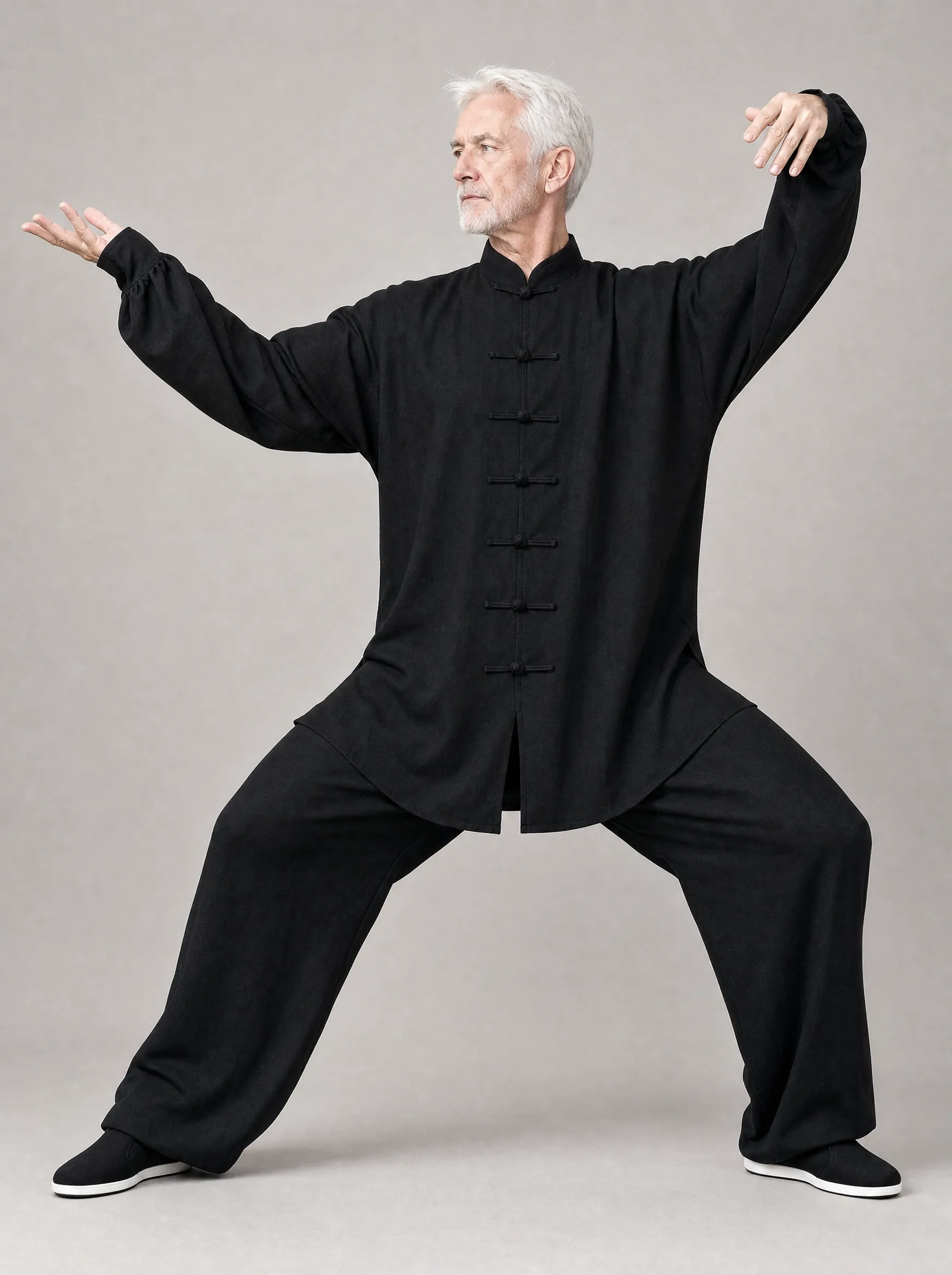 Older Western adult wearing a black long-sleeve cotton-linen tai chi uniform