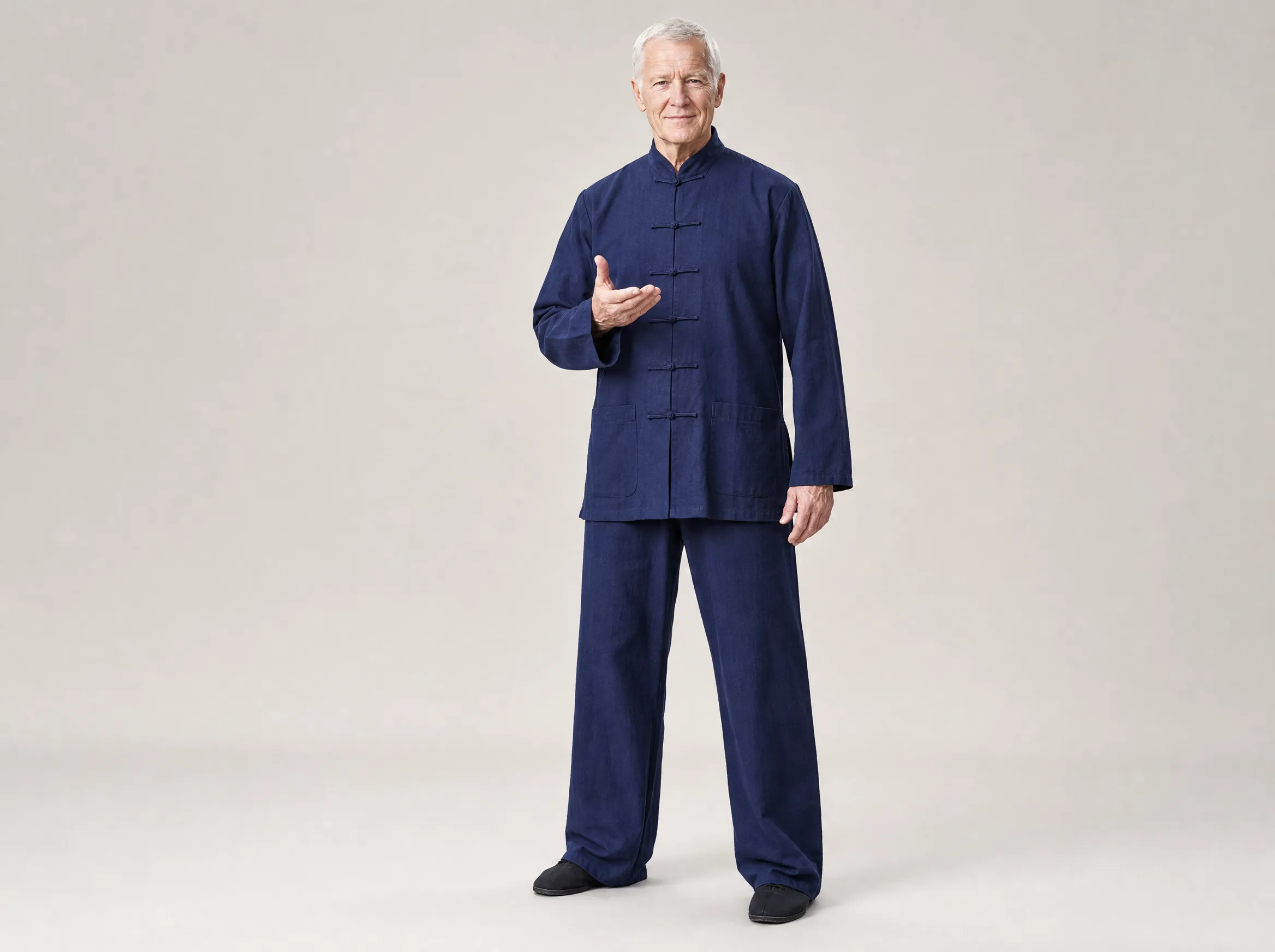 Older Western man wearing a deep blue long-sleeve cotton-linen tai chi uniform