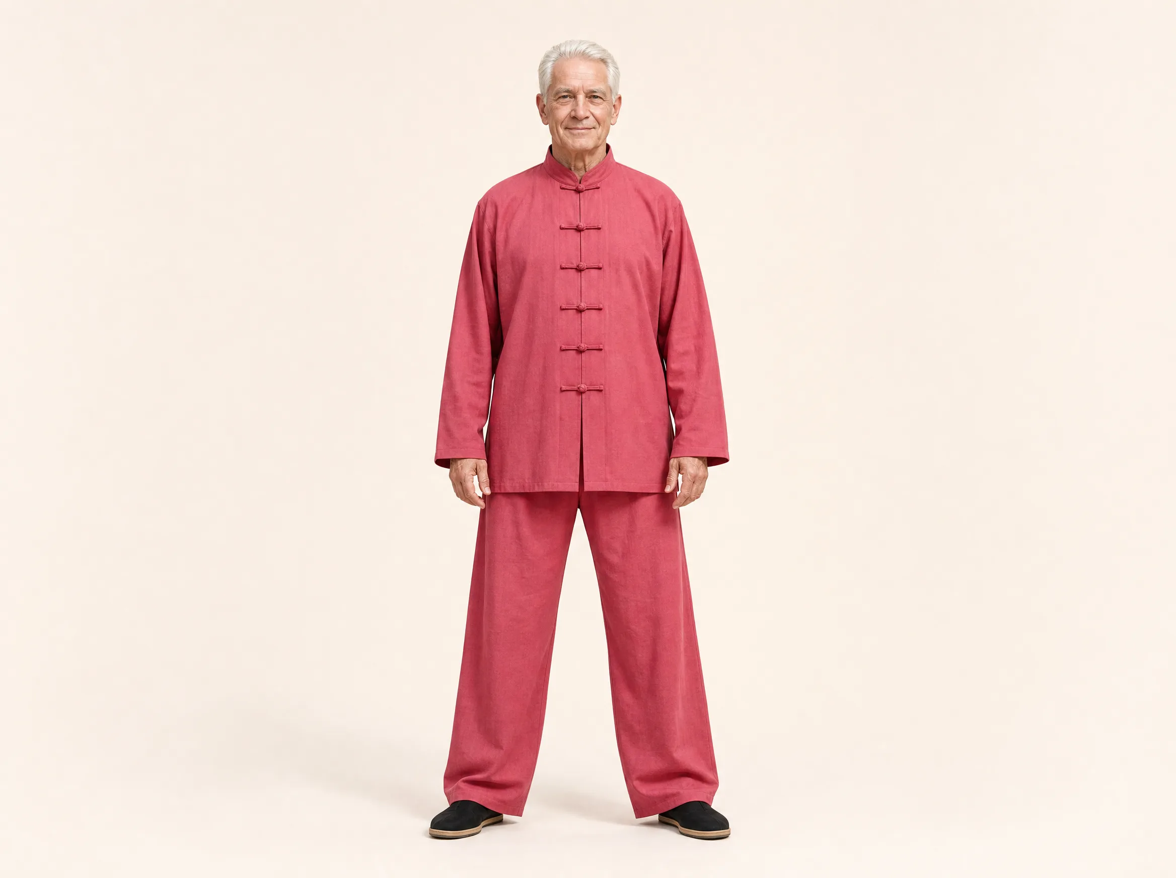Older Western man wearing a rose red long-sleeve cotton-linen tai chi uniform