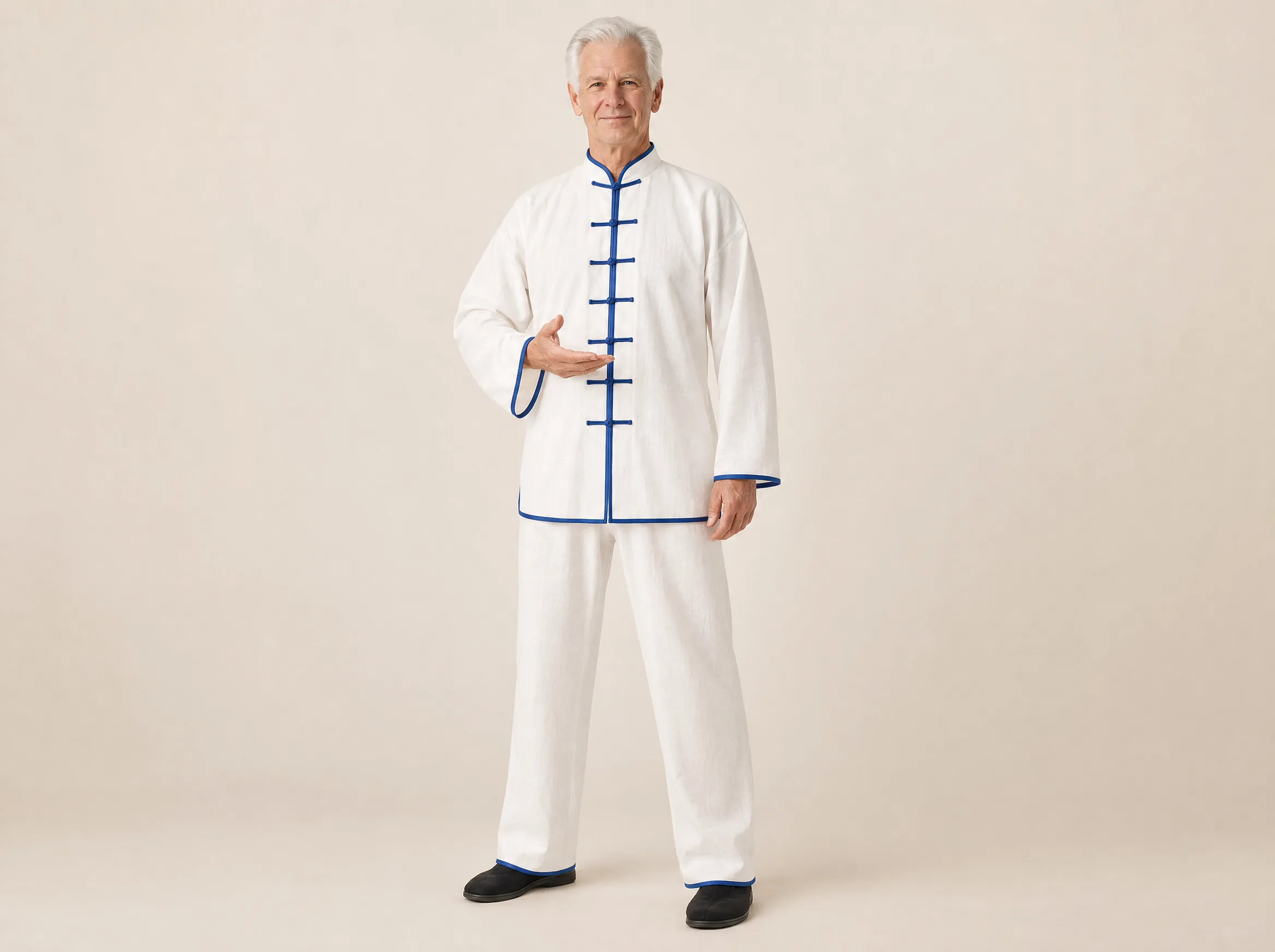 Older Western man wearing a white long-sleeve cotton-linen tai chi uniform with blue trim