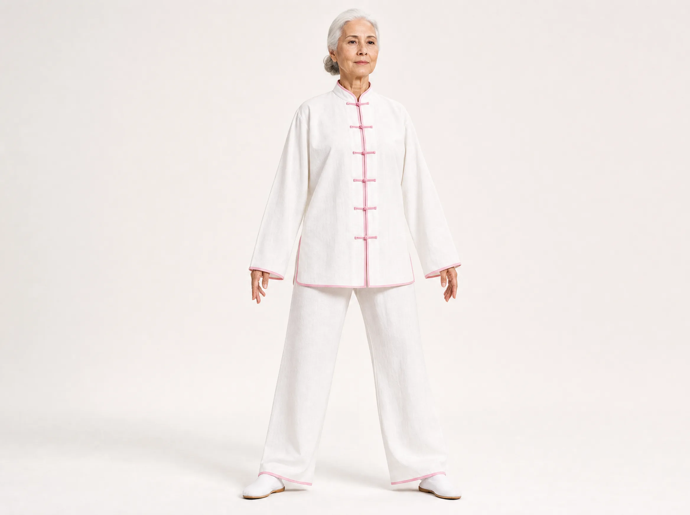 Older Western woman wearing a white long-sleeve cotton-linen tai chi uniform with pink trim