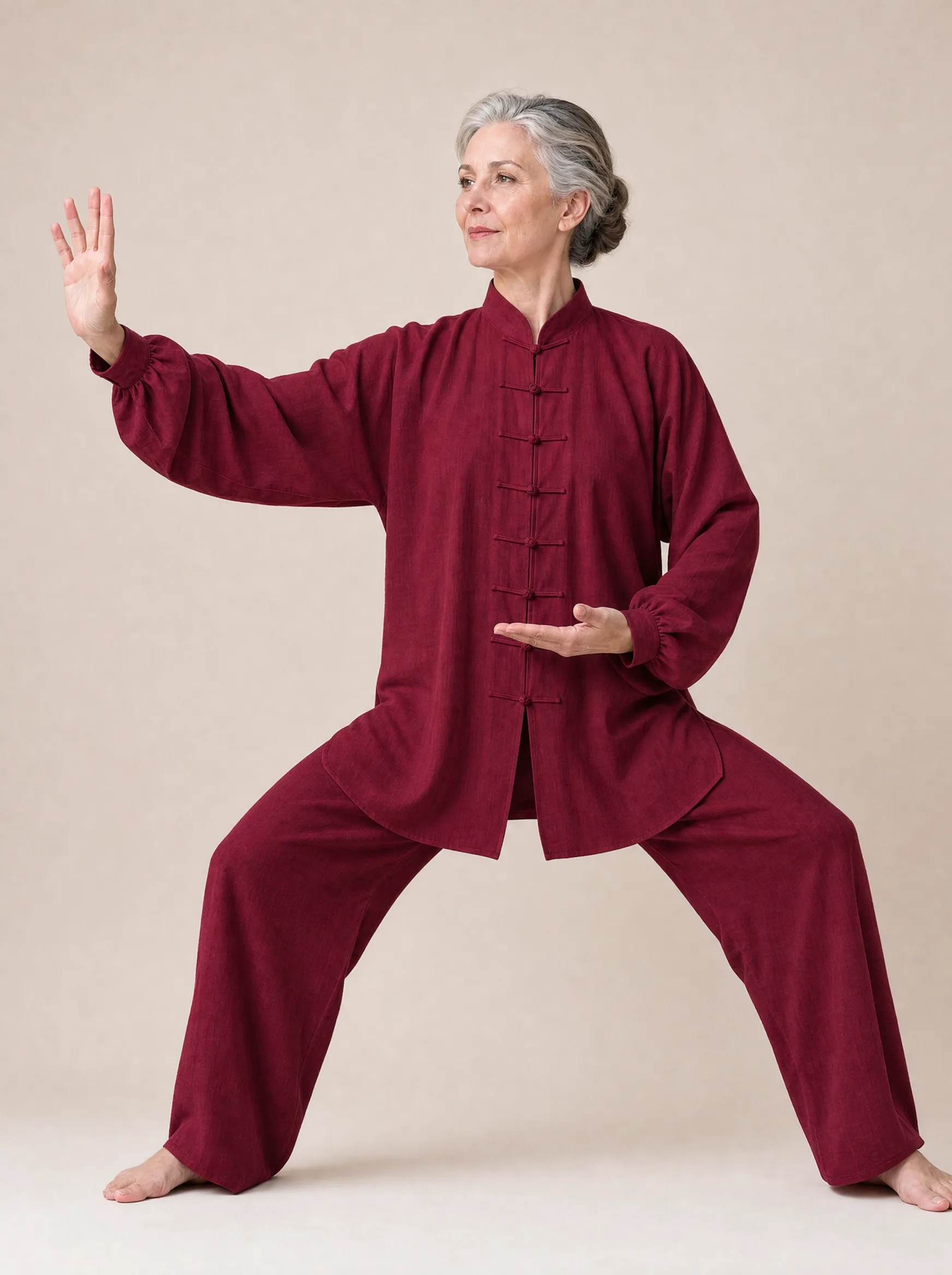 Older Western woman wearing a wine red long-sleeve cotton-linen tai chi uniform