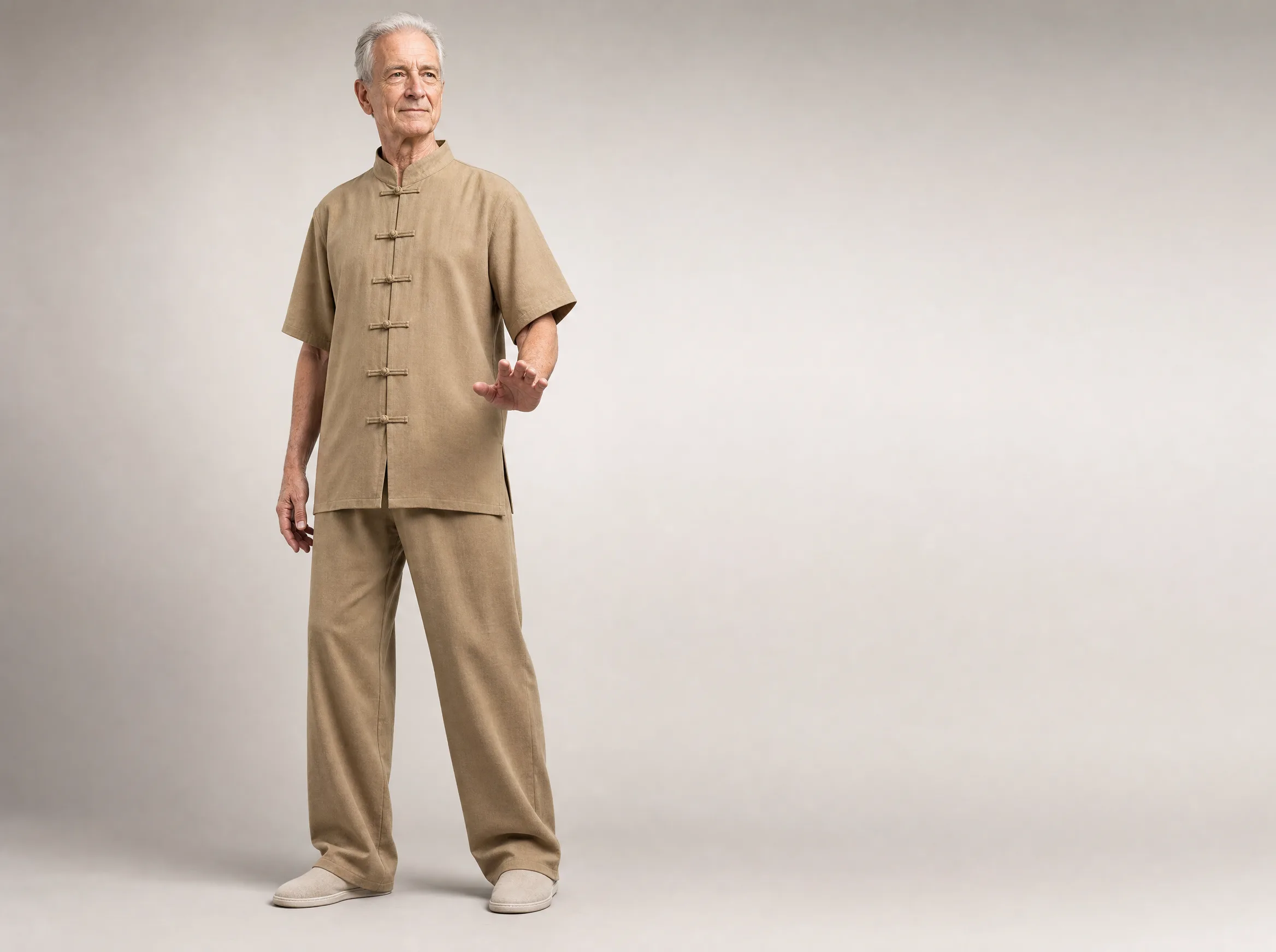 Older Western man wearing a khaki short-sleeve cotton-linen tai chi uniform