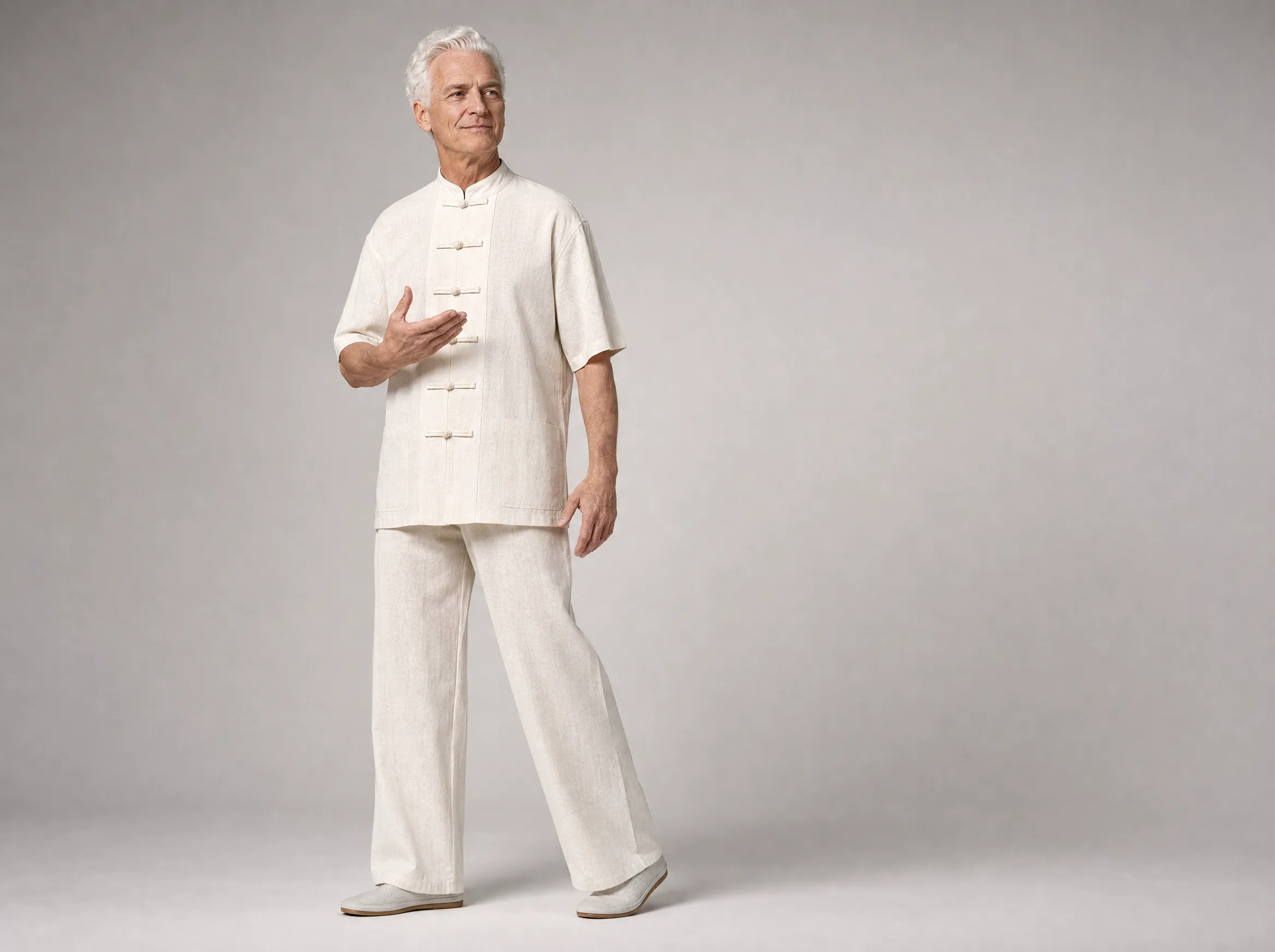 Older Western man wearing an off-white short-sleeve cotton-linen tai chi uniform