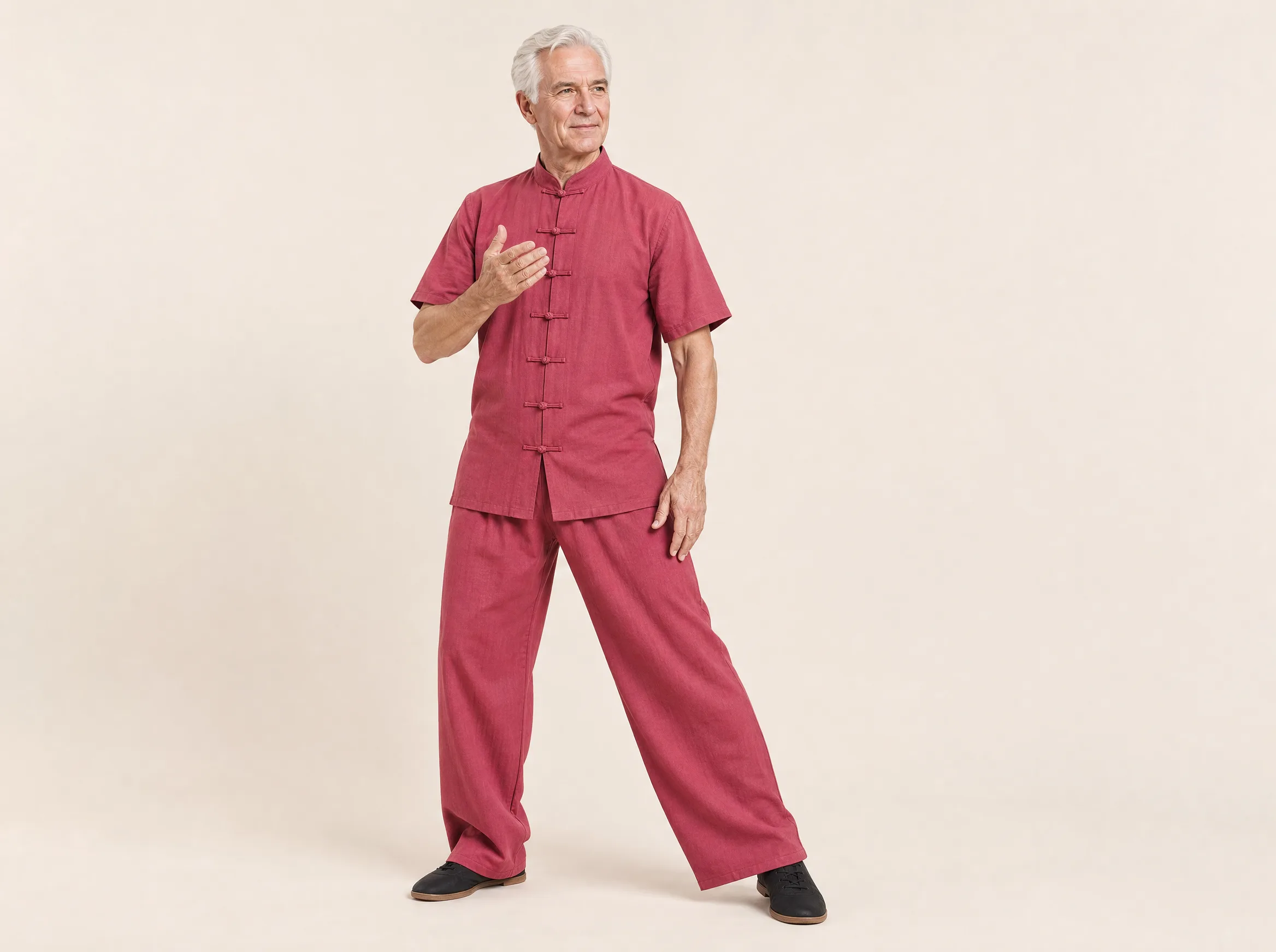 Older Western man wearing a rose red short-sleeve cotton-linen tai chi uniform